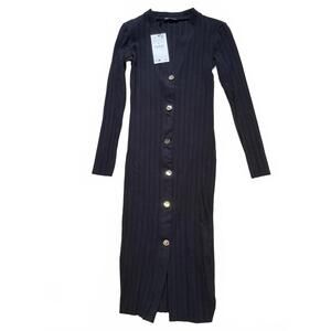 Black Long Sleeve Button-Up Ribbed Dress